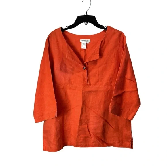 Coldwater Creek Women's Burnt Orange Linen Split-Neck Tunic - Picture 1 of 7